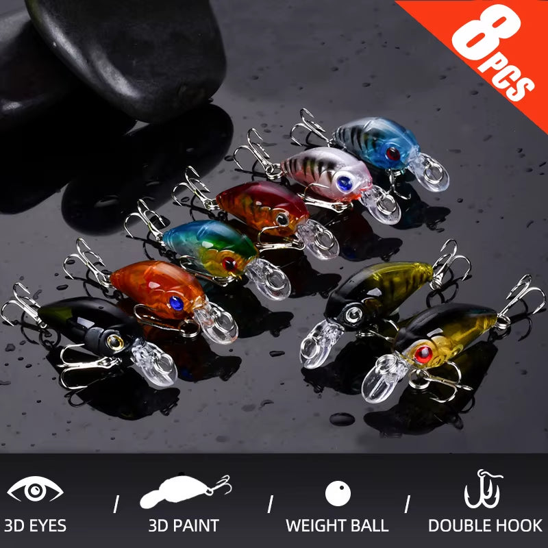 8Pcs Crank Bait Minnow Fishing Lure Set Floating Artificial Bait Topwater Fishing Bait