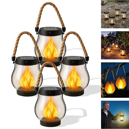 Waterproof Solar Lantern with Dancing Flame Design - Hemp Rope Hanging Lanterns for Garden and Yard Decorations