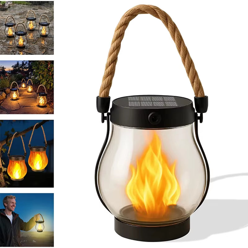Waterproof Solar Lantern with Dancing Flame Design - Hemp Rope Hanging Lanterns for Garden and Yard Decorations