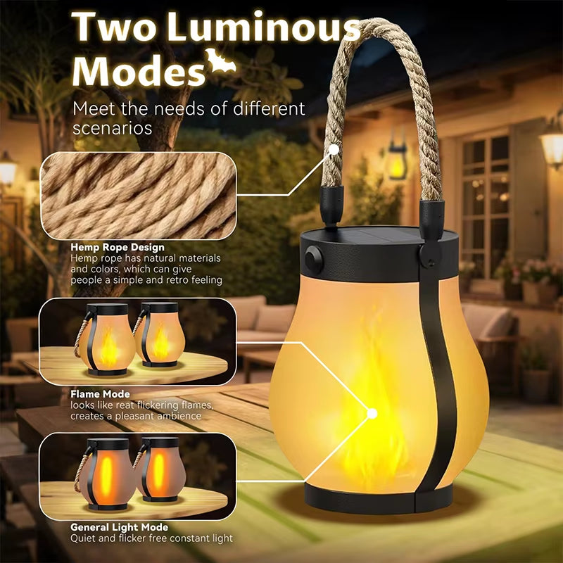 Waterproof Solar Lantern with Dancing Flame Design - Hemp Rope Hanging Lanterns for Garden and Yard Decorations