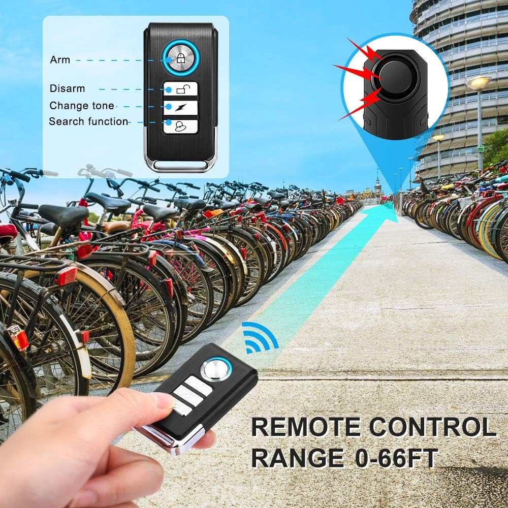 WSDCAM Wireless Bike Alarm System with Remote Control - 113dB Anti-Theft Vibration Alarm for Motorcycles and Bicycles (2 Pack, Black)